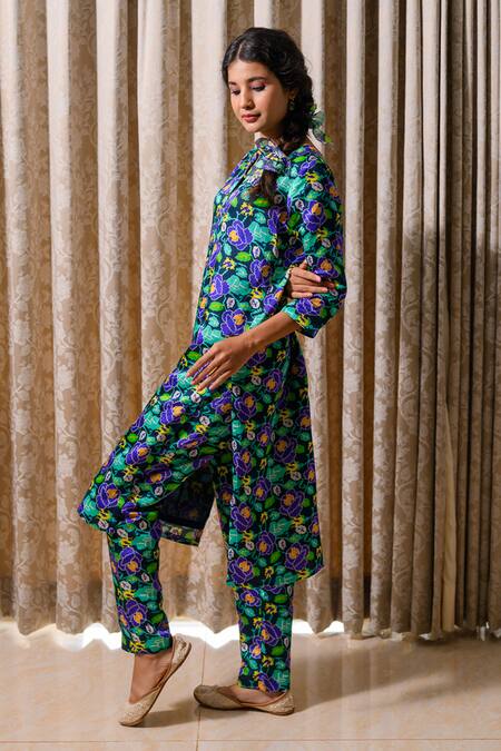 Buy Prachi Kamat Blue Linen, Satin Embroidery Round Neck Fleur Folk Art Print Kurta With Pant Online at Aza Fashions Buy_Prachi Kamat_Blue Linen, Satin Embroidery Round Neck Fleur Folk Art Print Kurta With Pant _Online_at_Aza_Fashions