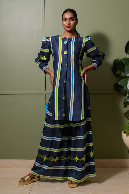 PRACHI KAMAT Blue Chanderi Print Astron Ray Crew Neck Kurta Palazzo Pant Set 