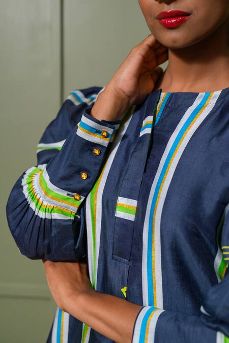 Buy_Prachi Kamat_Blue Chanderi, Linen Crew Neck Astron Ray Print Kurta Palazzo Pant Set _Online_at_Aza_Fashions