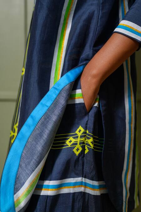 Shop_Prachi Kamat_Blue Chanderi, Linen Crew Neck Astron Ray Print Kurta Palazzo Pant Set _Online_at_Aza_Fashions