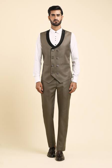 Arihant Rai Sinha_Gray Suede, Cotton, Satin Beads, Cut Work Grey Hand Embroidered Tuxedo Set _Online_at_Aza_Fashions