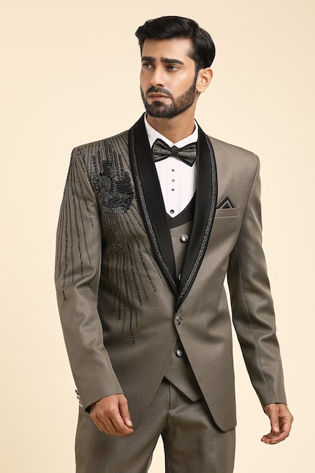 Arihant Rai Sinha_Gray Suede, Cotton, Satin Beads, Cut Work Grey Hand Embroidered Tuxedo Set _at_Aza_Fashions