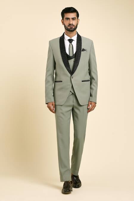 Shop_Arihant Rai Sinha_Green Cotton, Suede Cut Work, Beads Hand Embroidered Collar Tuxedo And Trouser Set _Online_at_Aza_Fashions