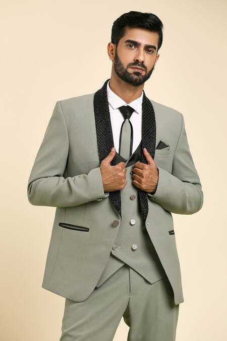 Arihant Rai Sinha_Green Cotton, Suede Cut Work, Beads Hand Embroidered Collar Tuxedo And Trouser Set _at_Aza_Fashions