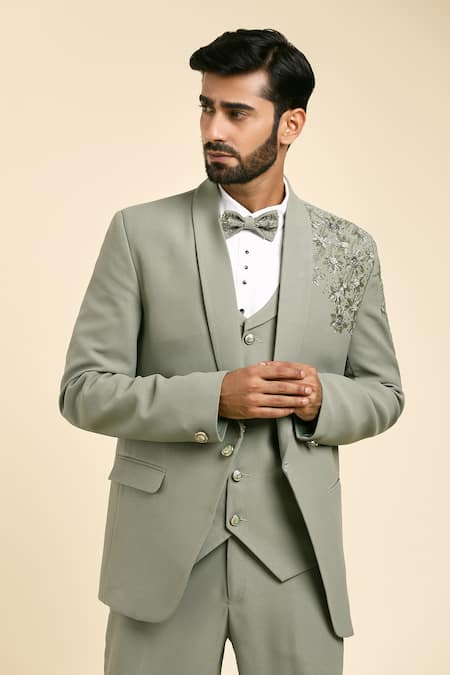 Shop_Arihant Rai Sinha_Green Suede, Cotton, Satin Embroidery, Placement Floral Tuxedo And Trouser Set _Online_at_Aza_Fashions