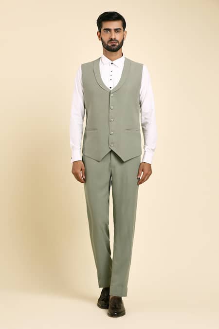 Arihant Rai Sinha_Green Suede, Cotton, Satin Embroidery, Placement Floral Tuxedo And Trouser Set _at_Aza_Fashions