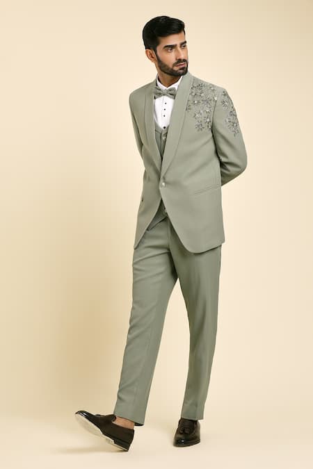 Buy_Arihant Rai Sinha_Green Suede, Cotton, Satin Embroidery, Placement Floral Tuxedo And Trouser Set 