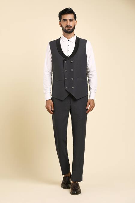 Arihant Rai Sinha_Gray Satin, Cotton, Wool, Suede, Brocade, Silk Beads, Cut Work, Grey Tuxedo Set _Online_at_Aza_Fashions