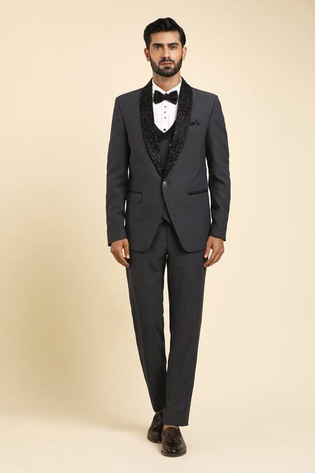 Shop_Arihant Rai Sinha_Gray Satin, Cotton, Wool, Suede, Brocade, Silk Beads, Cut Work, Grey Tuxedo Set _Online_at_Aza_Fashions