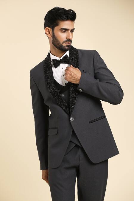 Arihant Rai Sinha_Gray Satin, Cotton, Wool, Suede, Brocade, Silk Beads, Cut Work, Grey Tuxedo Set _at_Aza_Fashions