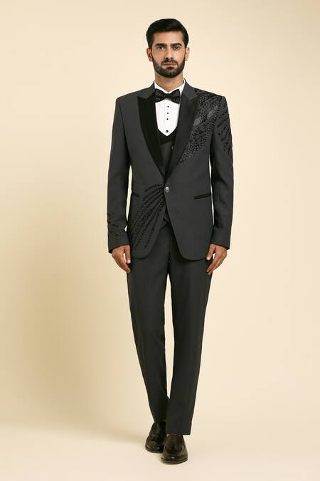 Shop_Arihant Rai Sinha_Gray Cotton, Wool, Suede, Silk Beads, Abstract Cutdana Embroidered Tuxedo Set _Online_at_Aza_Fashions