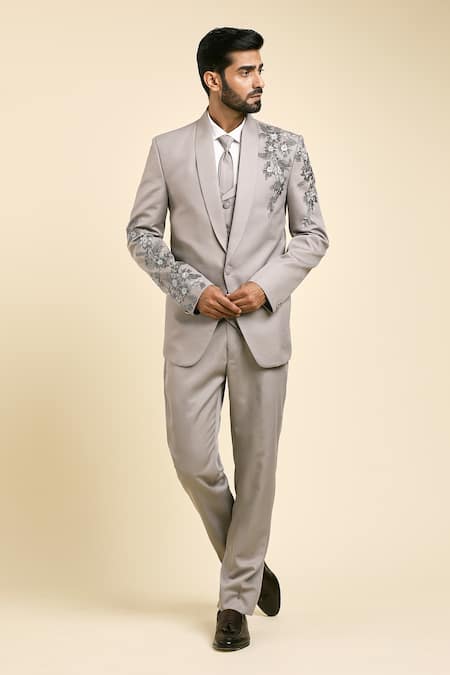 Aryavir Malhotra Grey Suiting Hand Embroidery Cutdana Flower Vine Blazer Trouser Set 