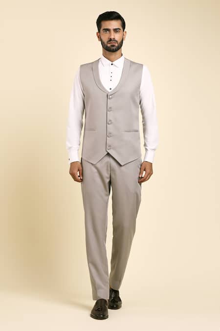 Arihant Rai Sinha_Grey Suede, Cotton Beads, Cut Work Flower Vine Embroidered Blazer Trouser Set _Online_at_Aza_Fashions
