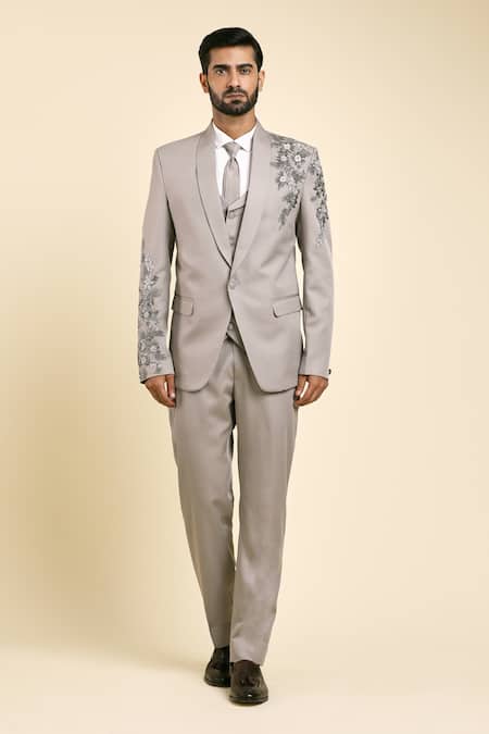 Shop_Arihant Rai Sinha_Grey Suede, Cotton Beads, Cut Work Flower Vine Embroidered Blazer Trouser Set _Online_at_Aza_Fashions