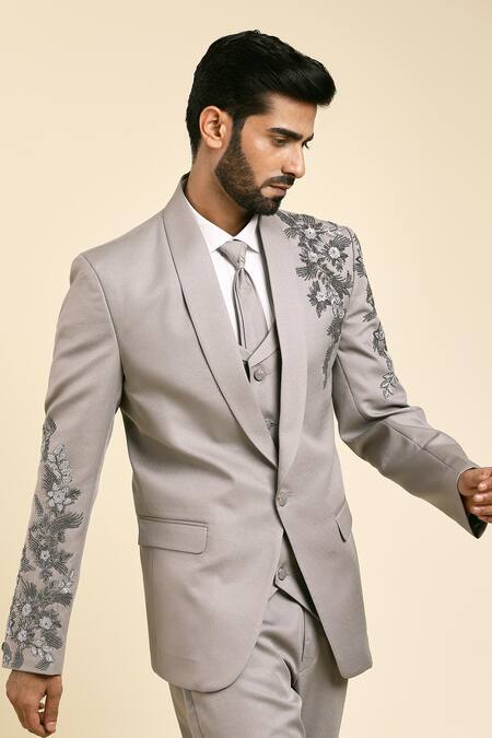Arihant Rai Sinha_Grey Suede, Cotton Beads, Cut Work Flower Vine Embroidered Blazer Trouser Set _at_Aza_Fashions