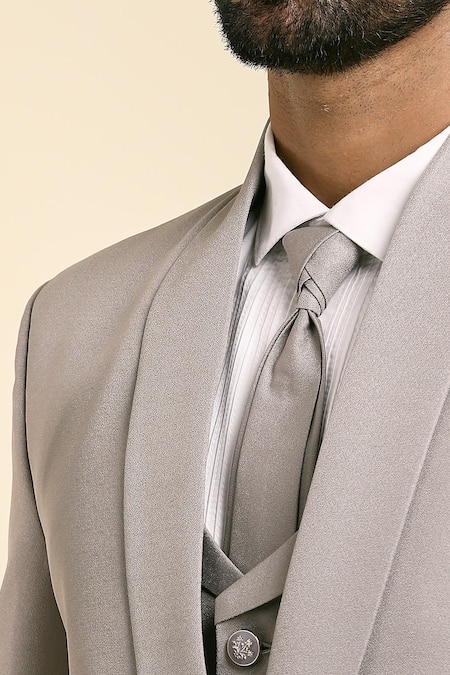 Buy_Arihant Rai Sinha_Grey Suede, Cotton Beads, Cut Work Flower Vine Embroidered Blazer Trouser Set 