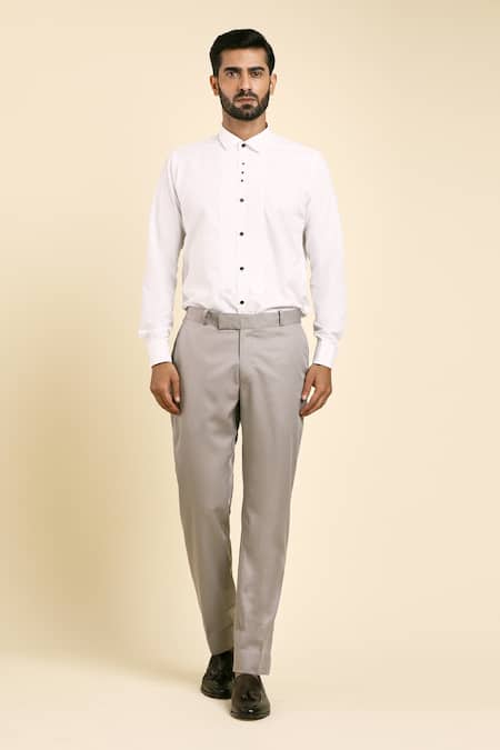 Shop_Arihant Rai Sinha_Grey Suede, Cotton Beads, Cut Work Flower Vine Embroidered Blazer Trouser Set 