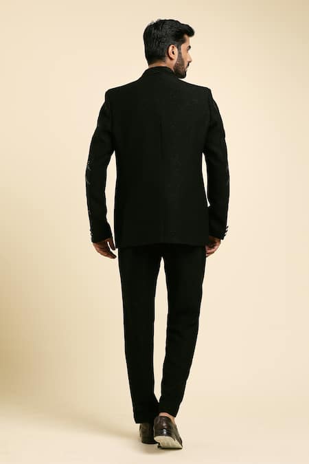 Shop Arihant Rai Sinha Black Cotton, Satin, Suede Beads, Cut Toal Jaal Embroidered Tuxedo Trouser Set at Aza Fashions Shop_Arihant Rai Sinha_Black Cotton, Satin, Suede Beads, Cut Toal Jaal Embroidered Tuxedo Trouser Set _at_Aza_Fashions