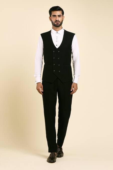 Arihant Rai Sinha Black Cotton, Satin, Suede Beads, Cut Toal Jaal Embroidered Tuxedo Trouser Set Online at Aza Fashions Arihant Rai Sinha_Black Cotton, Satin, Suede Beads, Cut Toal Jaal Embroidered Tuxedo Trouser Set _Online_at_Aza_Fashions