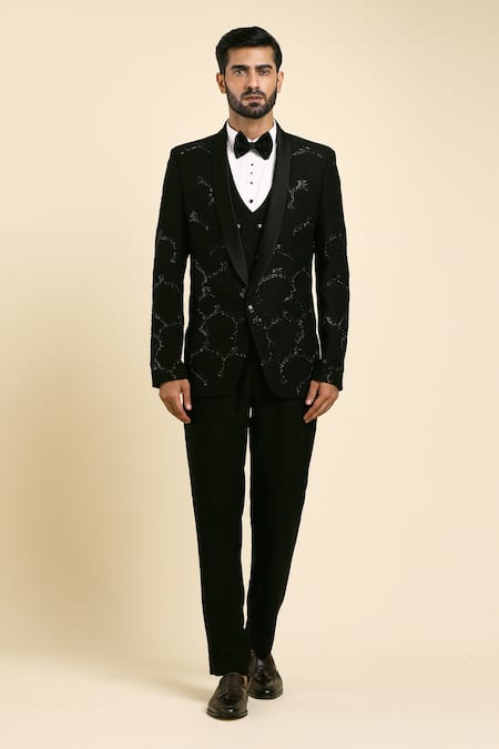 Shop Arihant Rai Sinha Black Cotton, Satin, Suede Beads, Cut Toal Jaal Embroidered Tuxedo Trouser Set Online at Aza Fashions Shop_Arihant Rai Sinha_Black Cotton, Satin, Suede Beads, Cut Toal Jaal Embroidered Tuxedo Trouser Set _Online_at_Aza_Fashions