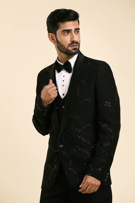 Arihant Rai Sinha Black Cotton, Satin, Suede Beads, Cut Toal Jaal Embroidered Tuxedo Trouser Set at Aza Fashions Arihant Rai Sinha_Black Cotton, Satin, Suede Beads, Cut Toal Jaal Embroidered Tuxedo Trouser Set _at_Aza_Fashions