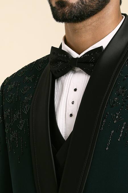 Buy_Arihant Rai Sinha_Green Polyester, Cotton, Silk Beads, Embroidery Floret Tuxedo Set _Online_at_Aza_Fashions