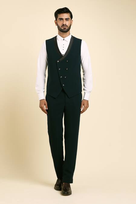 Arihant Rai Sinha_Green Polyester, Cotton, Silk Beads, Embroidery Floret Tuxedo Set _at_Aza_Fashions