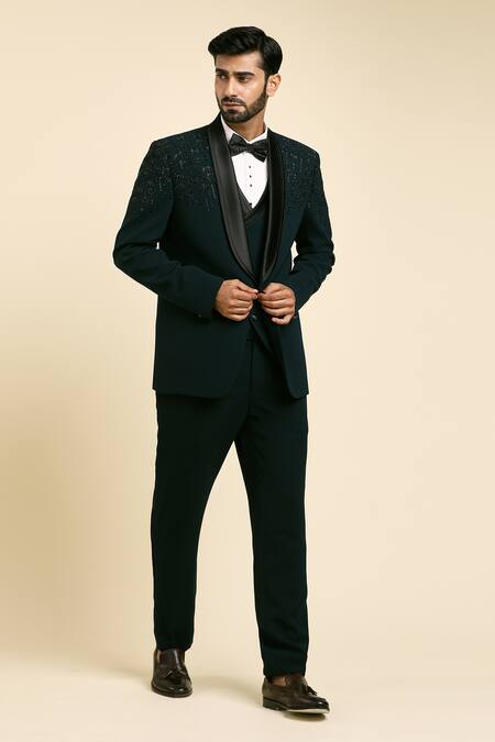 Buy_Arihant Rai Sinha_Green Polyester, Cotton, Silk Beads, Embroidery Floret Tuxedo Set 