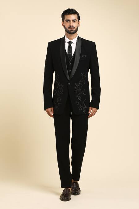 Arihant Rai Sinha Black Cotton Cut Work, Beads Flower Vine Embroidered Tuxedo Trouser Set at Aza Fashions Arihant Rai Sinha_Black Cotton Cut Work, Beads Flower Vine Embroidered Tuxedo Trouser Set _at_Aza_Fashions