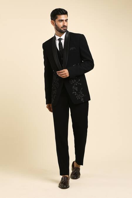 Buy Arihant Rai Sinha Black Cotton Cut Work, Beads Flower Vine Embroidered Tuxedo Trouser Set Buy_Arihant Rai Sinha_Black Cotton Cut Work, Beads Flower Vine Embroidered Tuxedo Trouser Set