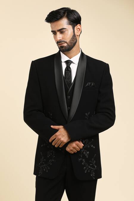 Shop Arihant Rai Sinha Black Cotton Cut Work, Beads Flower Vine Embroidered Tuxedo Trouser Set Shop_Arihant Rai Sinha_Black Cotton Cut Work, Beads Flower Vine Embroidered Tuxedo Trouser Set