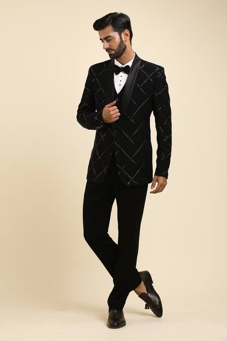 Shop_Arihant Rai Sinha_Black Cotton, Polyester Cut Work, Beads Trellis Embroidered Tuxedo Set _Online_at_Aza_Fashions