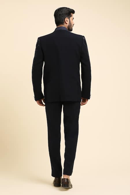 Shop Arihant Rai Sinha Blue , Satin, Floral Trellis Embroidered Tuxedo Trouser Set at Aza Fashions Shop_Arihant Rai Sinha_Blue , Satin, Floral Trellis Embroidered Tuxedo Trouser Set _at_Aza_Fashions