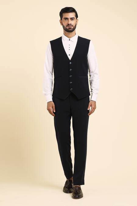 Shop Arihant Rai Sinha Blue , Satin, Floral Trellis Embroidered Tuxedo Trouser Set Online at Aza Fashions Shop_Arihant Rai Sinha_Blue , Satin, Floral Trellis Embroidered Tuxedo Trouser Set _Online_at_Aza_Fashions