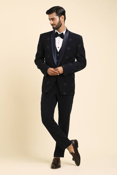 Arihant Rai Sinha Blue , Satin, Floral Trellis Embroidered Tuxedo Trouser Set at Aza Fashions Arihant Rai Sinha_Blue , Satin, Floral Trellis Embroidered Tuxedo Trouser Set _at_Aza_Fashions
