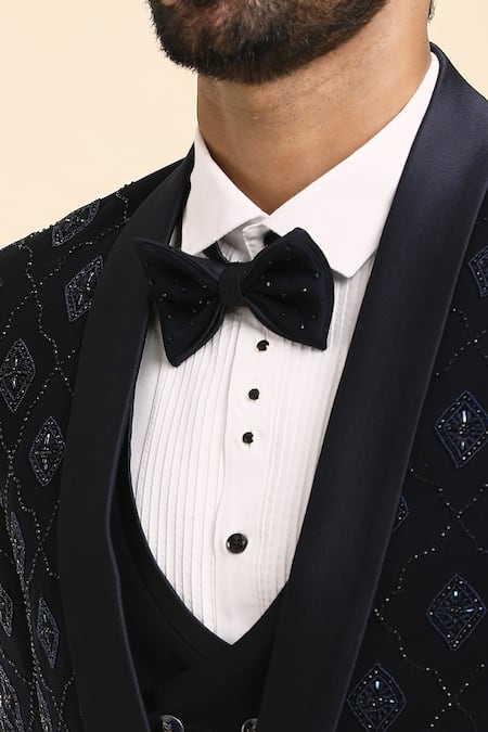 Buy_Arihant Rai Sinha_Blue Cotton, Polyester Cut Work, Diamond Trellis Embroidered Tuxedo Trouser Set_Online_at_Aza_Fashions