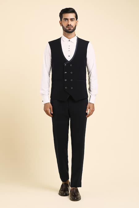 Shop_Arihant Rai Sinha_Blue Cotton, Polyester Cut Work, Diamond Trellis Embroidered Tuxedo Trouser Set_Online_at_Aza_Fashions
