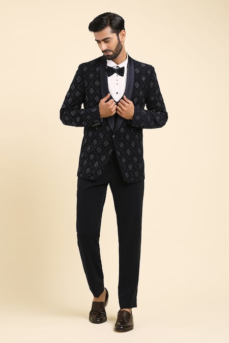 Arihant Rai Sinha_Blue Cotton, Polyester Cut Work, Diamond Trellis Embroidered Tuxedo Trouser Set_at_Aza_Fashions