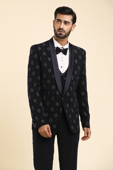 Buy_Arihant Rai Sinha_Blue Cotton, Polyester Cut Work, Diamond Trellis Embroidered Tuxedo Trouser Set