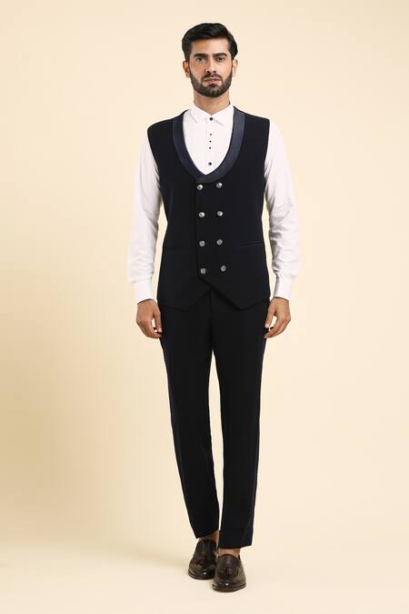 Buy_Arihant Rai Sinha_Blue Cotton, Polyester Beads, Cut Work Abstract Embroidered Tuxedo Set _Online_at_Aza_Fashions