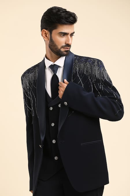 Arihant Rai Sinha_Blue Cotton, Polyester Beads, Cut Work Abstract Embroidered Tuxedo Set _at_Aza_Fashions