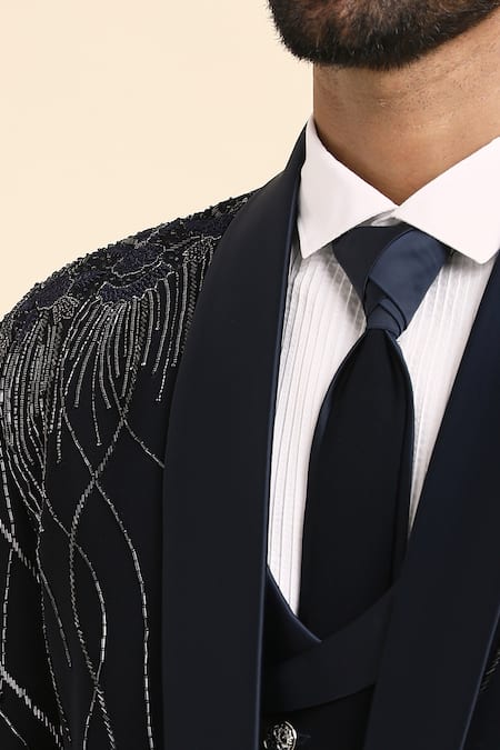 Buy_Arihant Rai Sinha_Blue Cotton, Polyester Beads, Cut Work Abstract Embroidered Tuxedo Set 