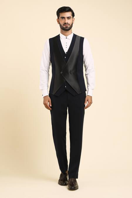 Shop_Arihant Rai Sinha_White Cotton, Polyester, Silk Cut Blue Placement Cutdana Embroidered Tuxedo Set _Online_at_Aza_Fashions