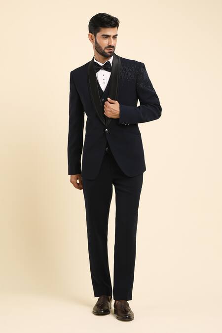 Arihant Rai Sinha_White Cotton, Polyester, Silk Cut Blue Placement Cutdana Embroidered Tuxedo Set _at_Aza_Fashions