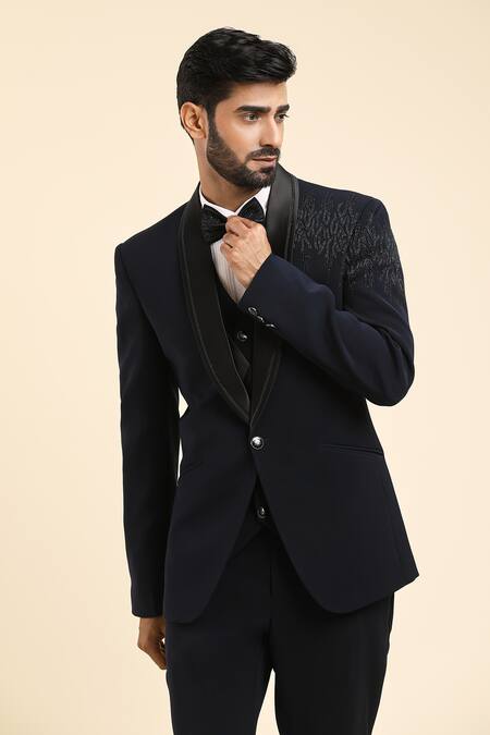 Buy_Arihant Rai Sinha_White Cotton, Polyester, Silk Cut Blue Placement Cutdana Embroidered Tuxedo Set 