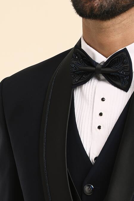 Shop_Arihant Rai Sinha_White Cotton, Polyester, Silk Cut Blue Placement Cutdana Embroidered Tuxedo Set 