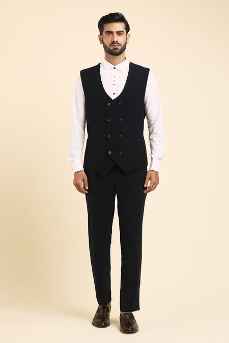 Shop_Arihant Rai Sinha_Blue Cotton, Polyester Beads, Cut Work Embroidered Collar Tuxedo Trouser Set_Online_at_Aza_Fashions
