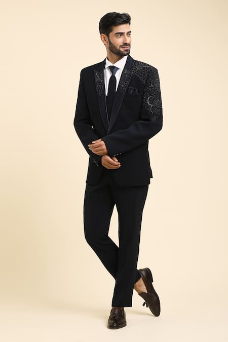 Arihant Rai Sinha_Blue Cotton, Polyester Beads, Cut Work Embroidered Collar Tuxedo Trouser Set_at_Aza_Fashions