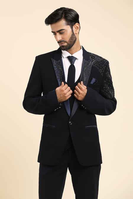 Buy_Arihant Rai Sinha_Blue Cotton, Polyester Beads, Cut Work Embroidered Collar Tuxedo Trouser Set
