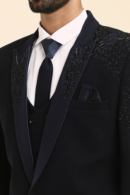 Shop_Arihant Rai Sinha_Blue Cotton, Polyester Beads, Cut Work Embroidered Collar Tuxedo Trouser Set